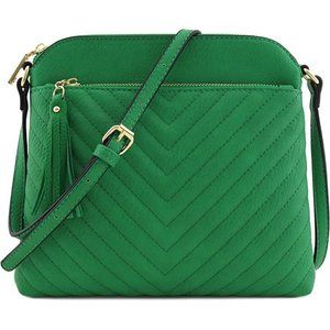 Women's Green Quilted Crossbody Bag with Tassel